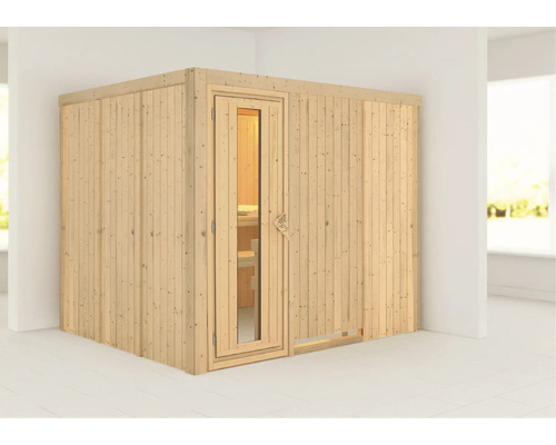 Sauna modulaire Karibu Gobina sans poêle ni couronne, avec porte en bois et verre isolé thermiquement