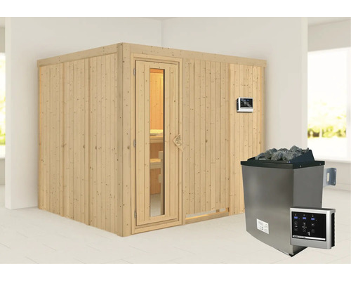 Elementsauna Karibu Gobina inkl. 9 kW Ofen u.ext.Steuerung ohne Dachkranz mit Holztür und Isolierglas wärmegedämmt Elementsauna Karibu Gobina inkl. 9 kW Ofen u.ext.Steuerung ohne Dachkranz mit Holztür und Isolierglas wärmegedämmt
