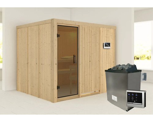 Elementsauna Karibu Gobina inkl. 9 kW Ofen u.ext.Steuerung ohne Dachkranz mit graphit farbiger Ganzglastür Elementsauna Karibu Gobina inkl. 9 kW Ofen u.ext.Steuerung ohne Dachkranz mit graphit farbiger Ganzglastür