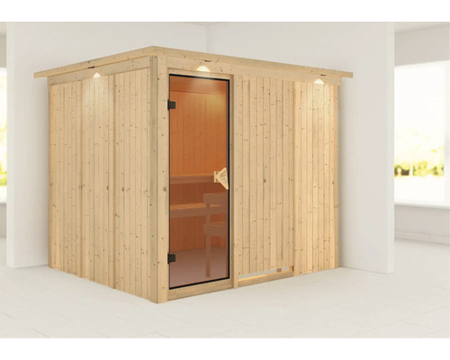 Sauna modulaire Karibu Gobina sans poêle avec couronne et portes vitrées coloris bronze