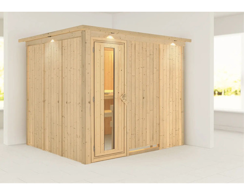 Sauna modulaire Karibu Gobina sans poêle avec couronne et portes en bois avec verre isolé thermiquement