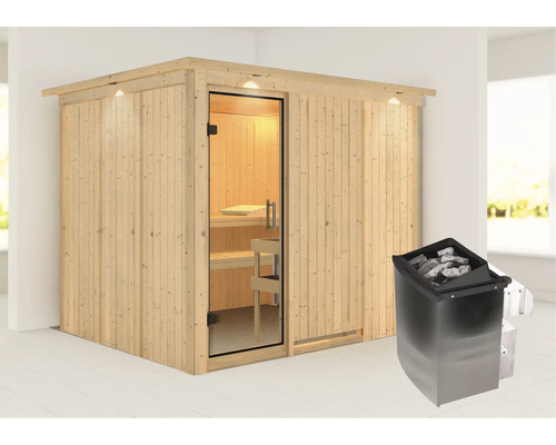 Sauna modulaire Karibu Gobina avec poêle 9 kW et commande intégrée avec couronne et portes entièrement vitrées transparentes