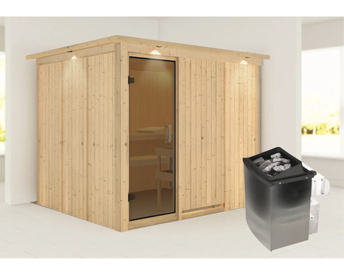 Sauna modulaire Karibu Gobina avec poêle 9 kW et commande intégrée avec couronne et portes entièrement vitrées coloris graphite