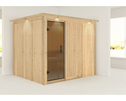 Sauna modulaire Karibu Gobina sans poêle avec couronne et portes entièrement vitrées coloris graphite