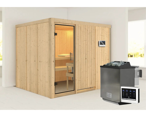 Holzsauna mit Glastür, Saunaofen und Bedienfeld