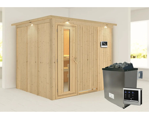 Holzsauna mit Saunaofen und Steuerung