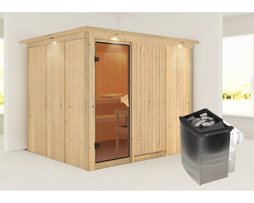 Holzsauna mit Glastür und Saunaofen