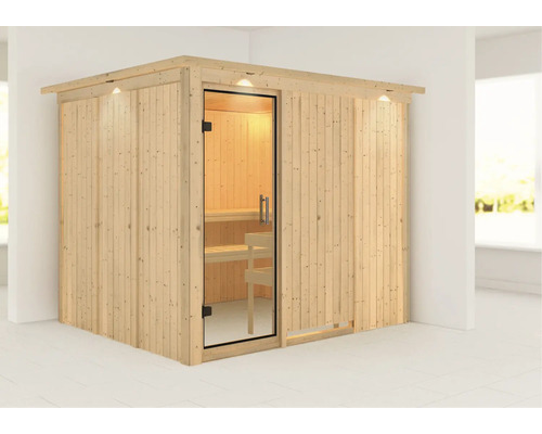 Sauna modulaire Karibu Gobina sans poêle avec couronne et portes entièrement vitrées transparentes