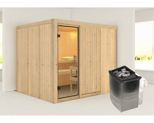 Sauna modulaire Karibu Gobina avec poêle 9 kW et commande intégrée sans couronne avec portes entièrement vitrées transparentes