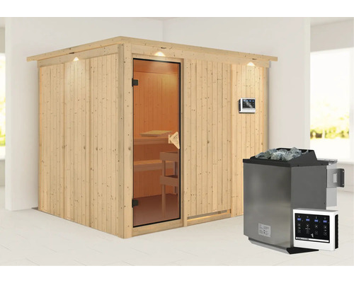 Sauna aus Holz mit Glastür und Saunaofen