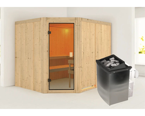 Sauna modulaire Karibu Horna avec poêle 9 kW commande intégrée sans couronne avec porte entièrement vitrée couleur bronze