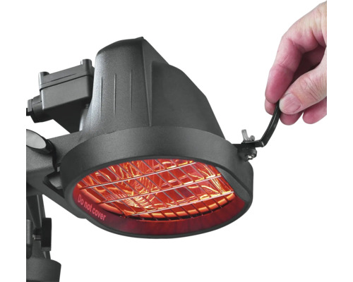 Radiateur infrarouge avec avertissement et poignée réglable.