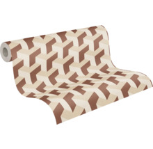 Rouleau de papier peint avec motif géométrique en cube marron et beige