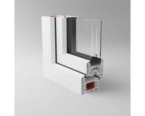 Querschnitt eines weißen Kunststofffensters mit Dreifachverglasung