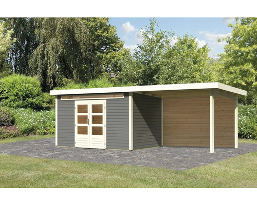 Gartenhaus Karibu Skandi 7 inkl. Anbaudach mit Rückwand 3,2 m 702 x 273 cm terragrau