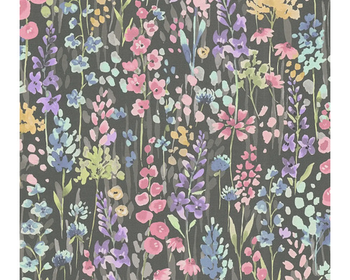 Papier peint intissé 39606-4 Aquarell Dreams fleurs sauvages noir rose vif Papier peint à fleurs avec motif floral