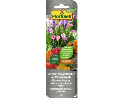 Bâtonnets d'engrais universel FloraSelf Nature avec charbon végétal, algues et acides humiques, 30 pces