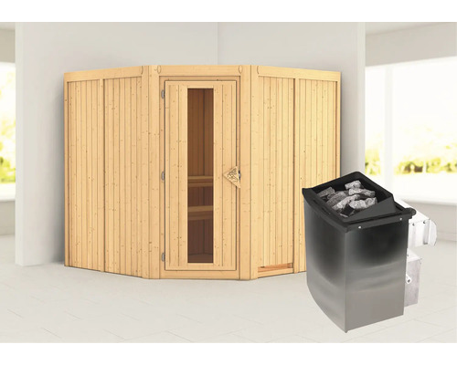 Sauna aus Holz mit Saunaofen und Saunasteinen in einem hellen Raum