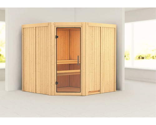 Elementsauna Karibu Jarina ohne Ofen ohne Dachkranz mit Ganzglastüre aus Klarglas