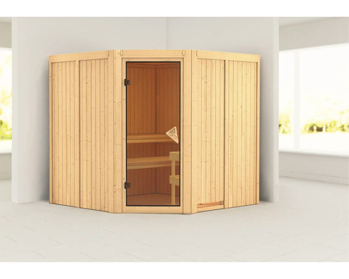 Sauna d''angle en bois avec porte en verre et bancs en bois