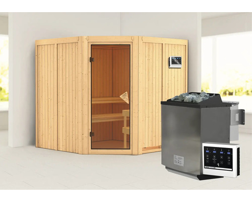 Sauna d''angle avec poêle et commande