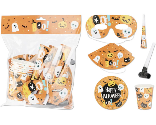 Halloween Party Set mit Tellern, Bechern, Masken, Partyhüten und Tröten