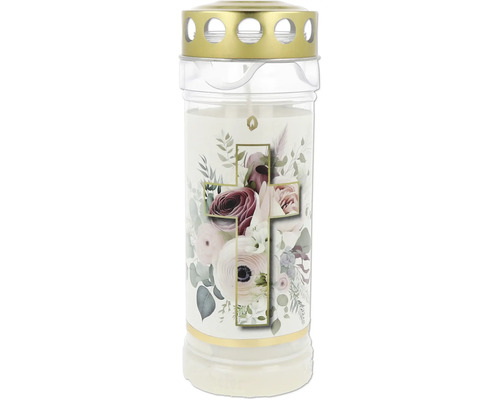 Grabkerze mit Kreuz und Blumenmuster