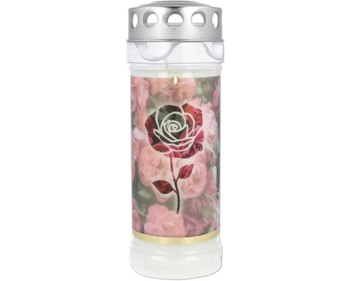 Grabkerze mit Rosenmotiv und Metalldeckel