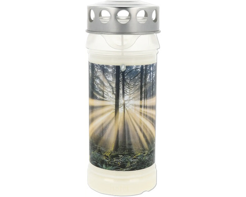 Bougie funéraire avec motif de forêt et couvercle argenté