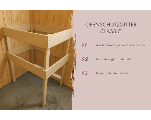 Ofenschutzgitter aus Fichtenholz zum Schutz vor Verbrennungen.