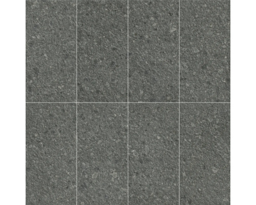 Nahaufnahme von acht grauen Bodenfliesen mit gesprenkelter Textur