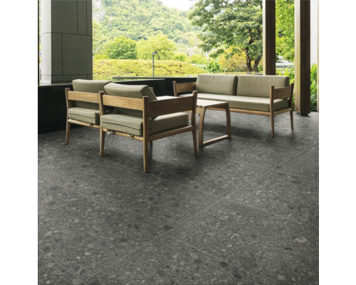 Dalle de terrasse en grès cérame fin Pebbles Dark Grey 120x60x2 cm