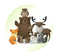 Illustration d''un groupe d''animaux forestiers, dont un ours, un cerf, un renard, un hibou, un écureuil, un raton laveur, un chevreuil et un lapin