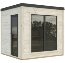 Sauna aus Holz mit Glastür und Fenster