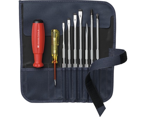 PB Swiss Tools Schraubenzieher PB8218 GY V01 CBB Set inklusive Wechselklingen Swiss Tools Schraubendrehersatz mit Spannungsprüfer in einer blauen Rolltasche