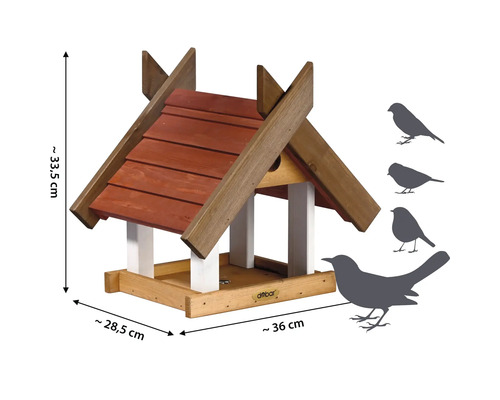 Mangeoire à oiseaux avec toit et dimensions