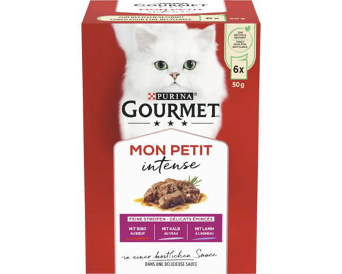 Nourriture pour chats Gourmet Mon Petit viande 6x50 g Gourmet Mon Petit Intense nourriture pour chat au boeuf, veau et agneau, lot de 6