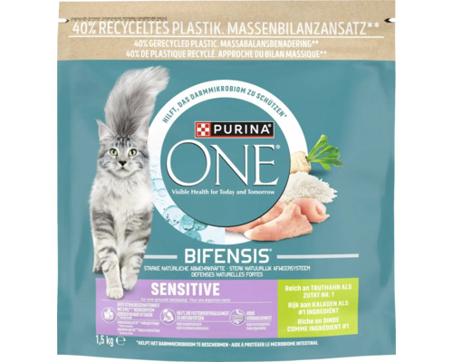 Katzenfutter trocken, Purina ONE SENSITIVE Truthahn, 1,5 kg Purina One Sensitive Trockenfutter für Katzen, 1,5 Kilogramm Packung