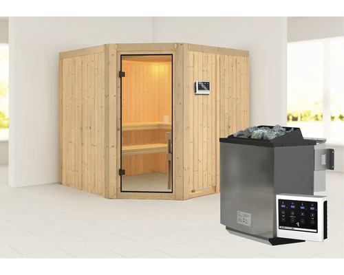 Sauna modulaire Karibu Kotka avec poêle bio 9 kW avec commande ext. sans couronne avec porte entièrement vitrée couleur bronze