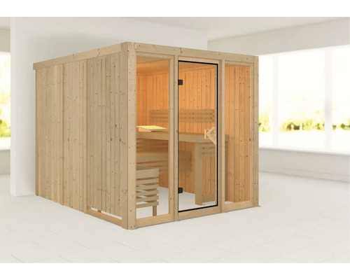Elementsauna Karibu Laskaja ohne Ofen und Dachkranz mit bronzierter Ganzglastür Holzsauna mit Glastür und Bänken