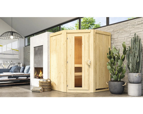 Sauna modulaire Karibu Larina sans poêle ni couronne, avec porte en bois et verre isolé thermiquement