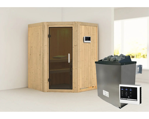 Sauna modulaire Karibu Larina avec poêle 9 kW et commande externe, sans couronne, avec porte entièrement vitrée coloris graphite