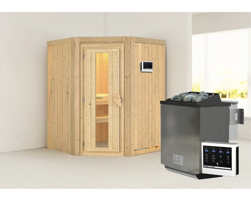 Sauna modulaire Karibu Larina avec poêle bio 9 kW et commande externe, sans couronne, avec porte en bois et verre isolé thermiquement