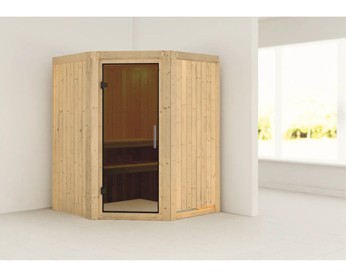 Sauna modulaire Karibu Larina sans poêle ni couronne, avec porte entièrement vitrée coloris graphite