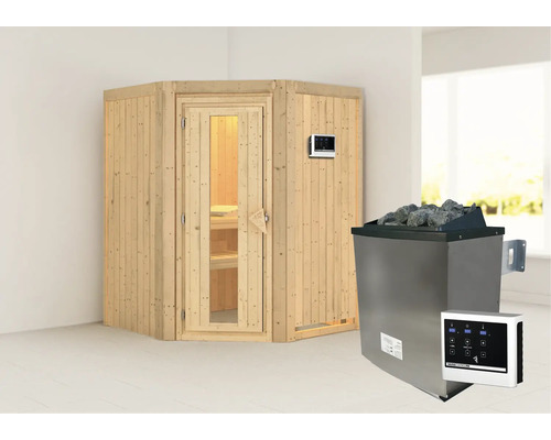 Sauna modulaire Karibu Larina avec poêle 9 kW et commande externe, sans couronne, avec porte en bois et verre isolé thermiquement