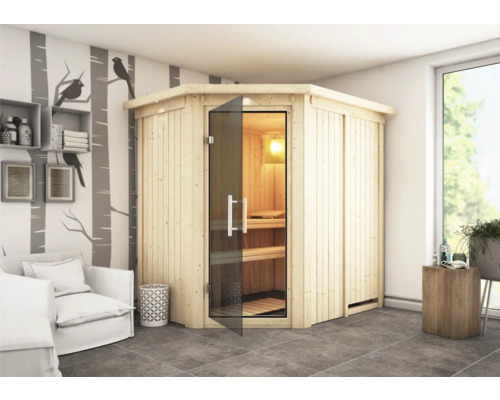 Sauna modulaire Karibu Laja sans poêle avec couronne et porte entièrement vitrée coloris graphite