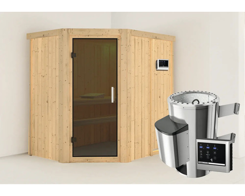 Sauna modulaire Karibu Laja avec poêle 3,6 kW et commande externe sans couronne, avec porte entièrement vitrée coloris graphite