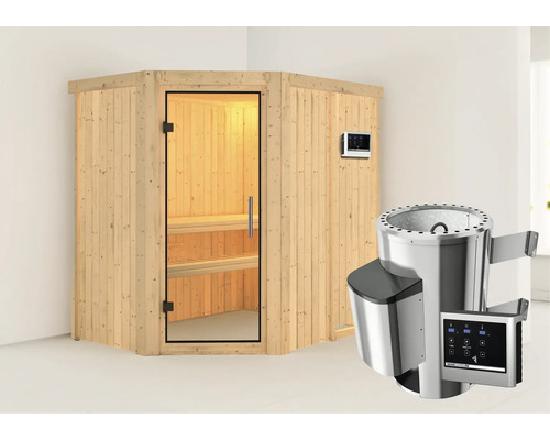 Sauna modulaire Karibu Laja avec poêle 3,6 kW et commande externe sans couronne, avec porte entièrement vitrée transparente