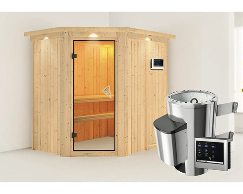 Sauna modulaire Karibu Laja avec poêle 3,6 kW et commande externe, avec couronne et porte entièrement vitrée coloris bronze