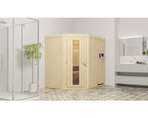 Sauna modulaire Karibu Laja avec poêle 3,6 kW et commande intégrée, sans couronne, avec porte bois en verre isolé thermiquement